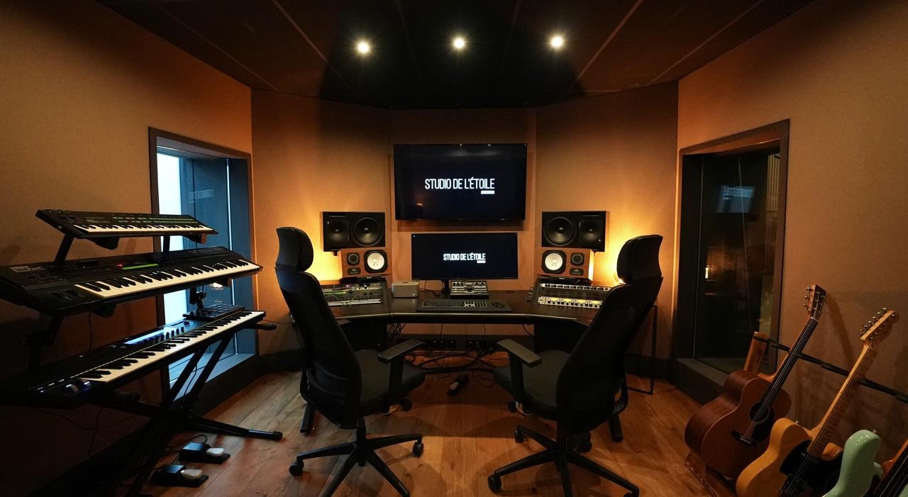 Vue grand angle de la régie avec deux fauteuils face à la console, claviers et guitares
